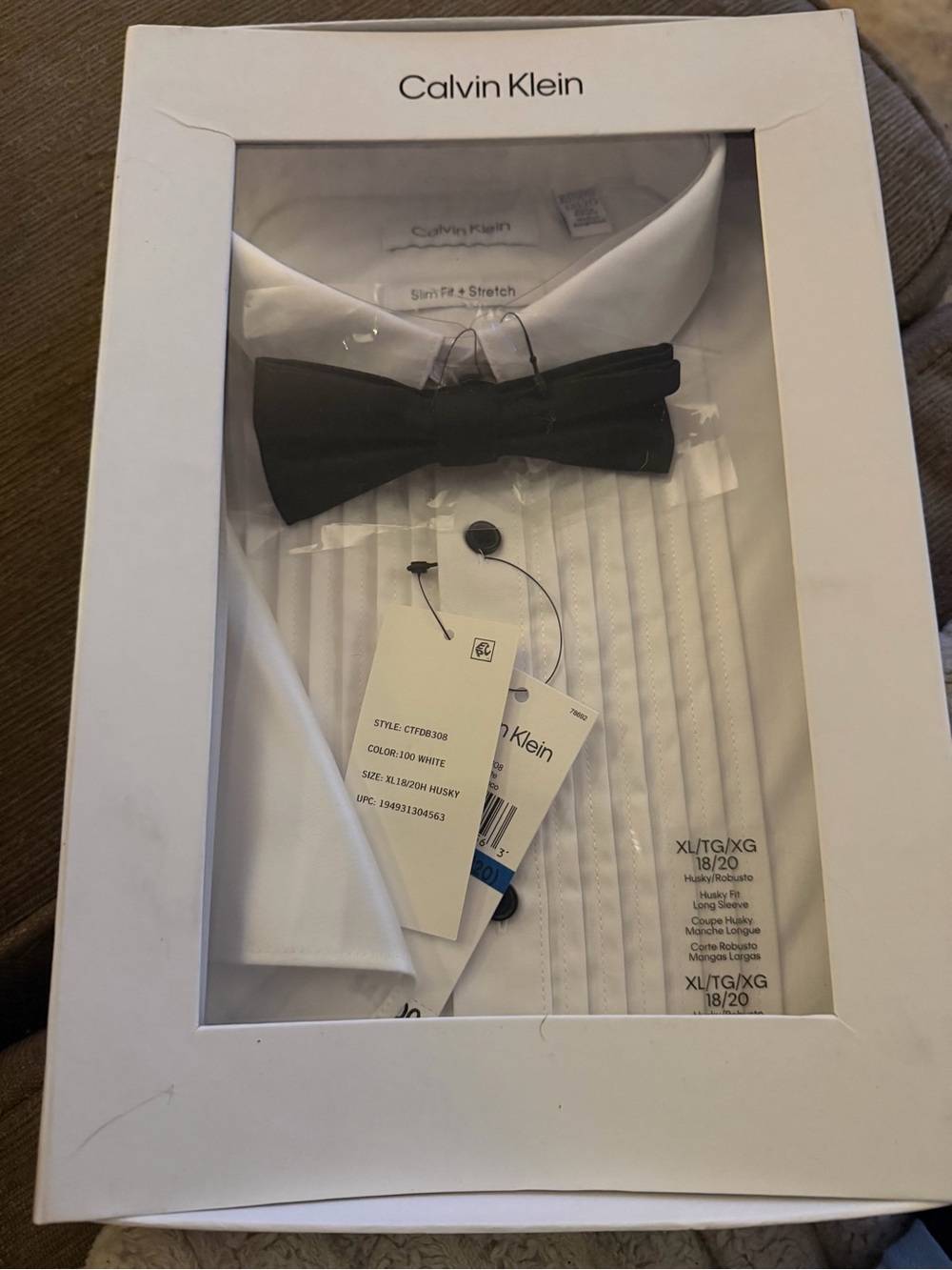 Calvin Klein White Pleated Dress Tux Shirt Black Bow Tie boys XL Husky 18-20-NWT
